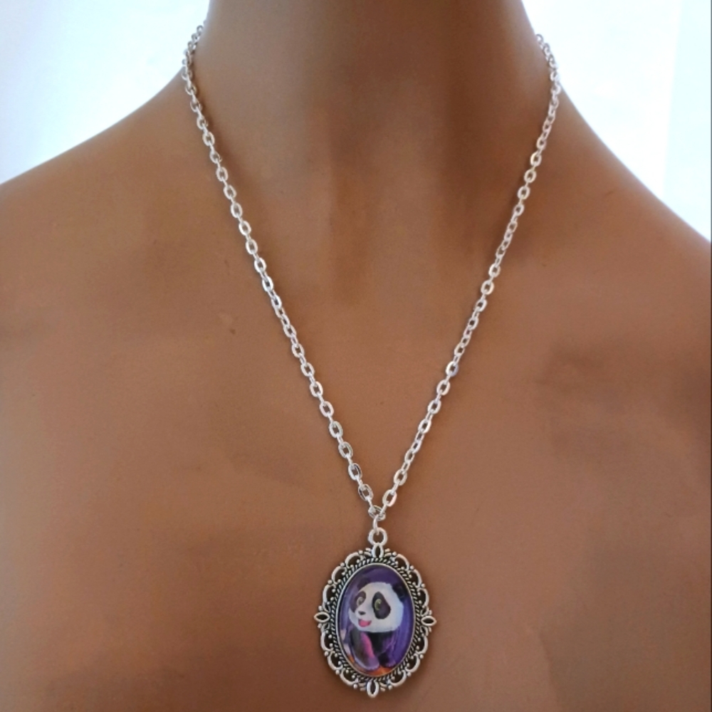 Lisa Frank Panda Pendant in Silver Frame.